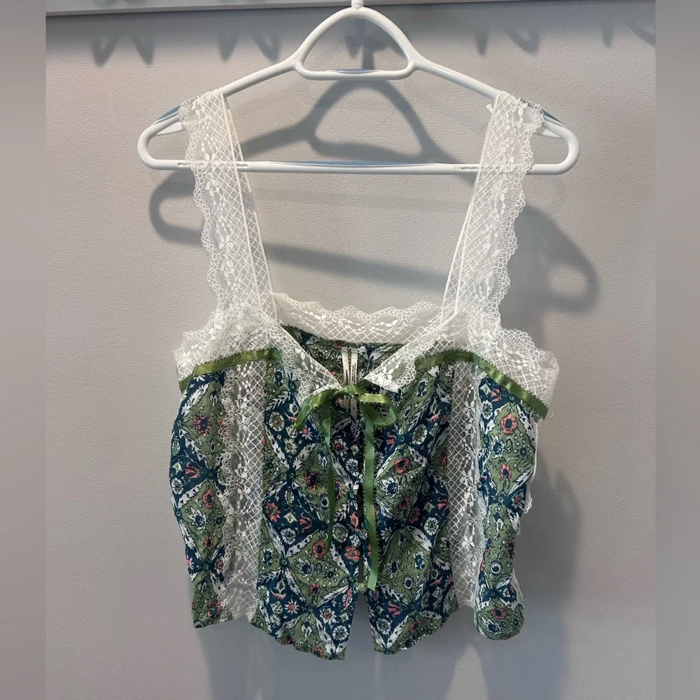 Anthropologie Green and Blue Floral Lace Blouse NWOT - Picture 1 of 7